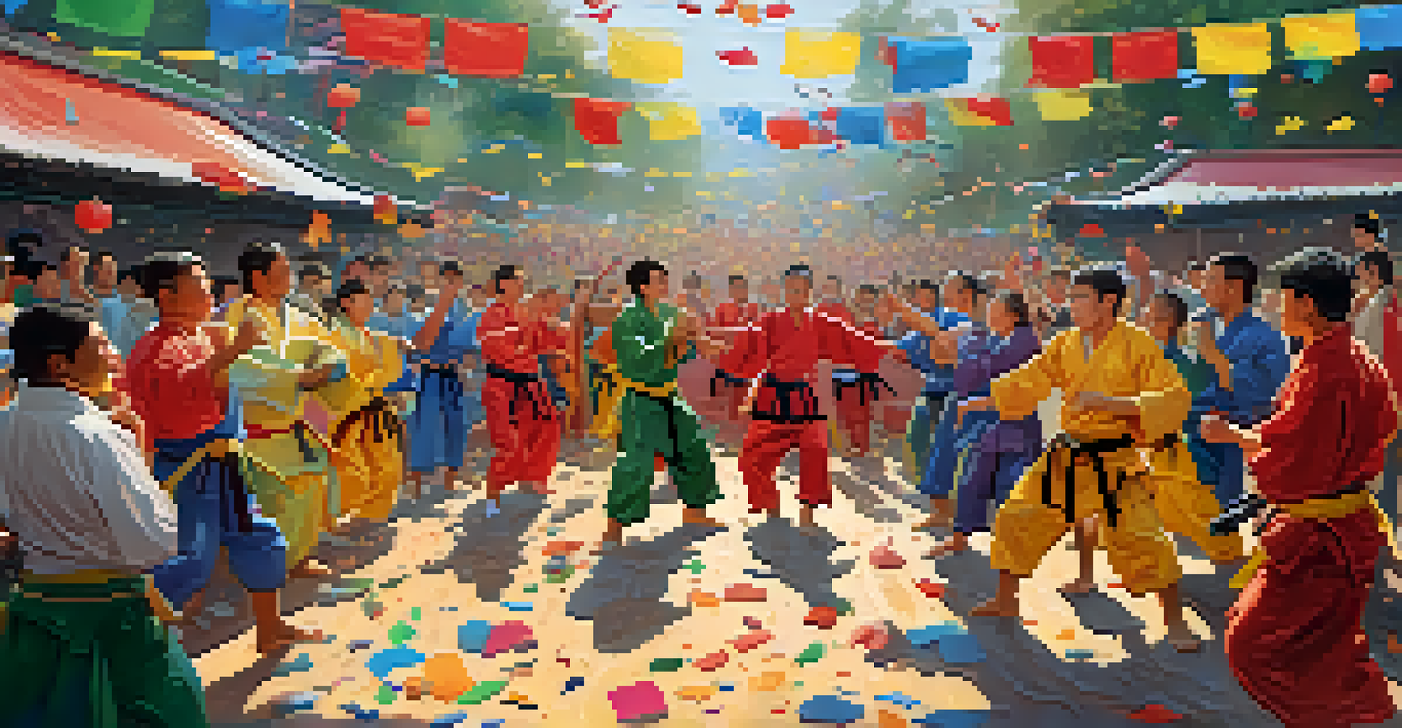 A martial arts team celebrating their achievements together, surrounded by trophies and vibrant decorations.