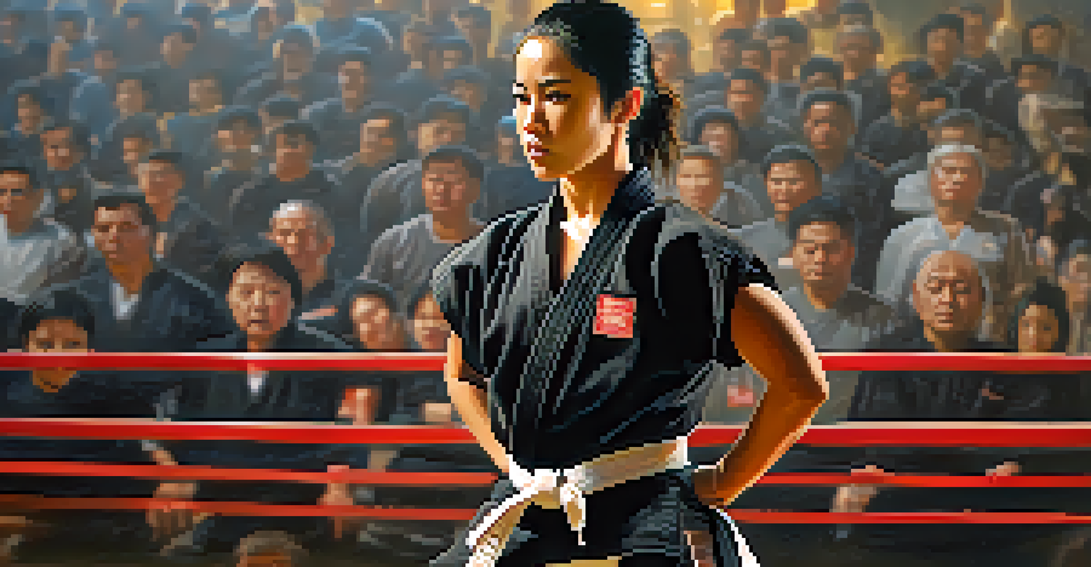 Close-up portrait of a determined female martial artist in a black belt with a blurred competition arena in the background.