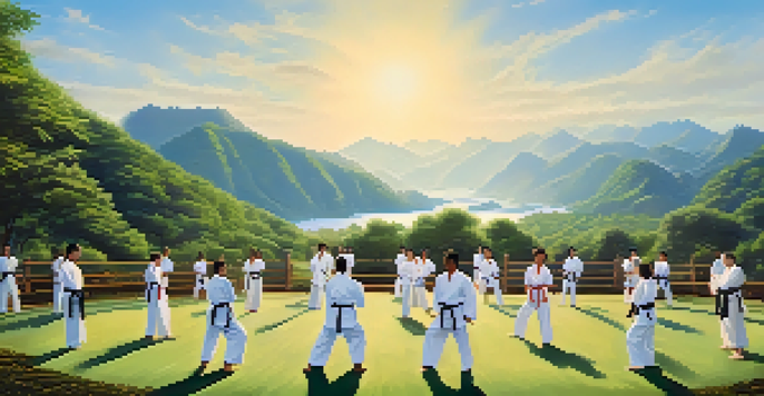 A peaceful outdoor martial arts camp with diverse practitioners showcasing different styles against a backdrop of nature and mountains under a clear sky.