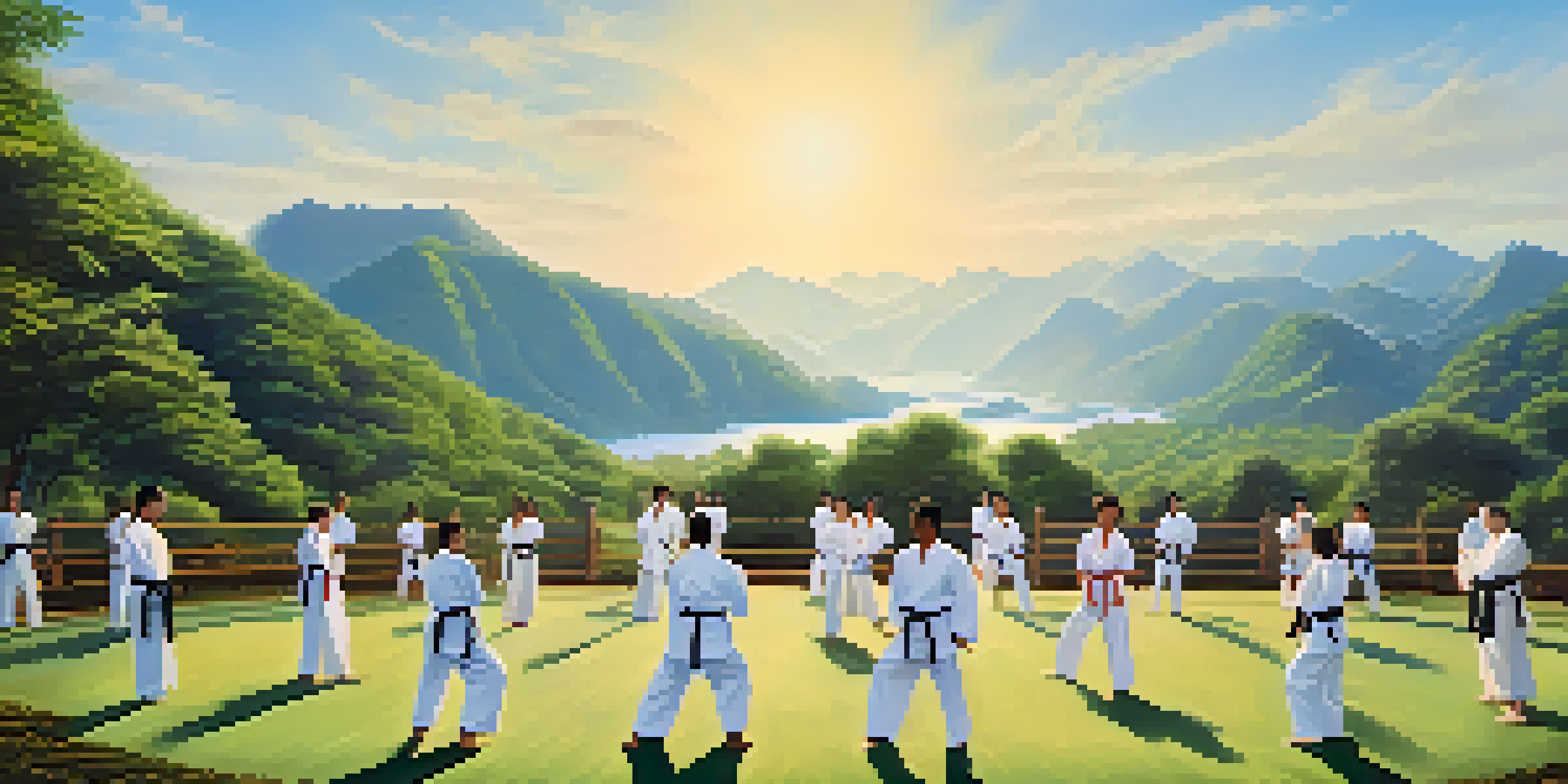 A peaceful outdoor martial arts camp with diverse practitioners showcasing different styles against a backdrop of nature and mountains under a clear sky.