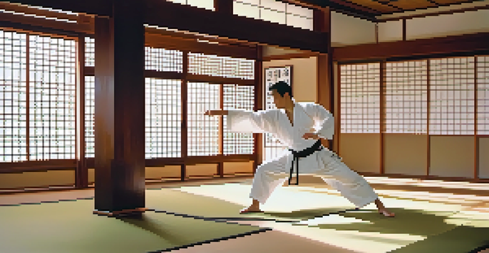 A martial artist in a white uniform practicing kata in a peaceful dojo with soft light and traditional Japanese decor.