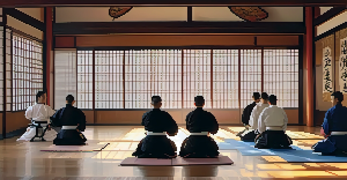 A peaceful dojo with practitioners in traditional uniforms, showcasing discipline and respect under natural light.