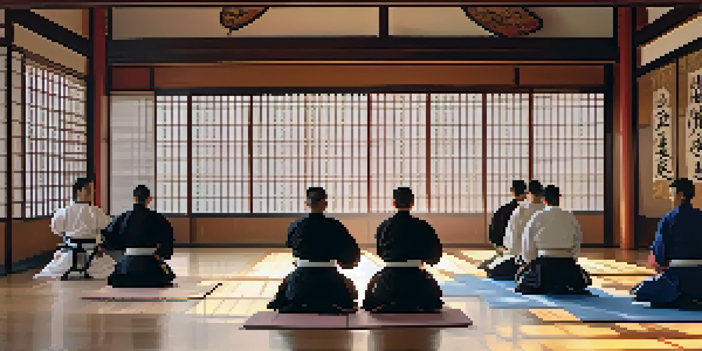 A peaceful dojo with practitioners in traditional uniforms, showcasing discipline and respect under natural light.