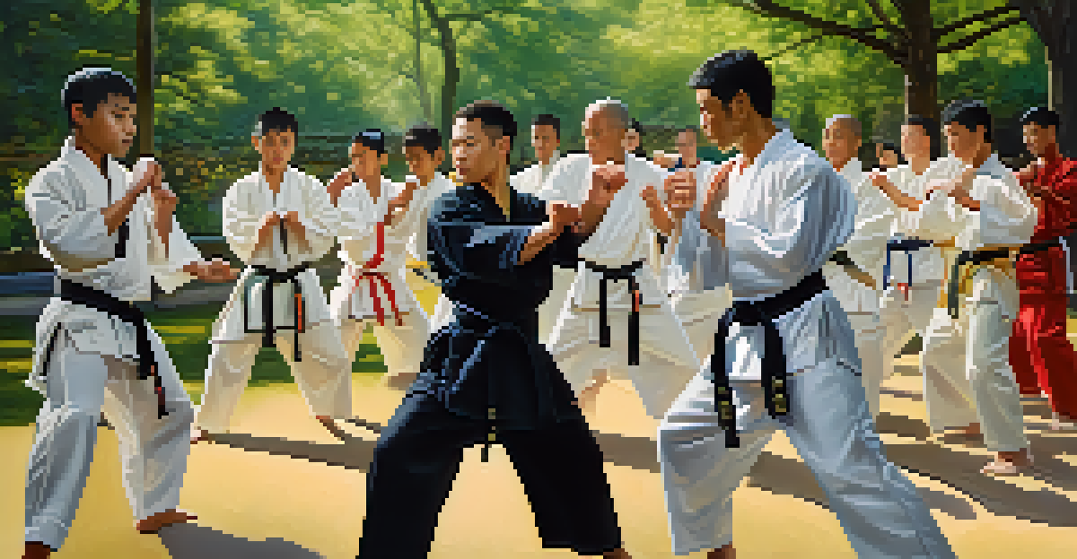 A diverse group of martial artists training together in a sunny park.