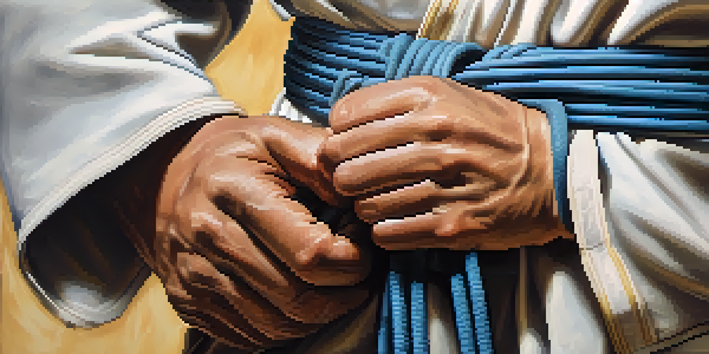 A close-up of a martial artist's hands tying a colored belt, representing dedication and achievement in their training.