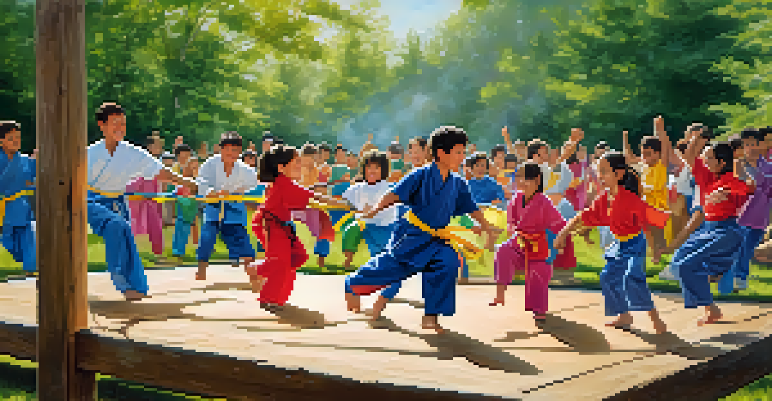 Families participating in a team-building exercise at a martial arts camp, laughing and working together outdoors.