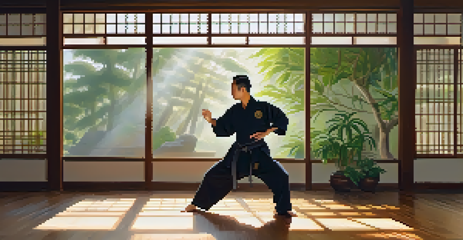 A martial artist practicing Tai Chi in a sunlit dojo filled with plants and traditional equipment.