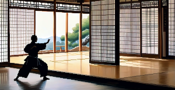 A martial artist dressed in traditional attire practicing Tai Chi in a serene dojo with wooden floors and sunlight filtering through shoji screens.