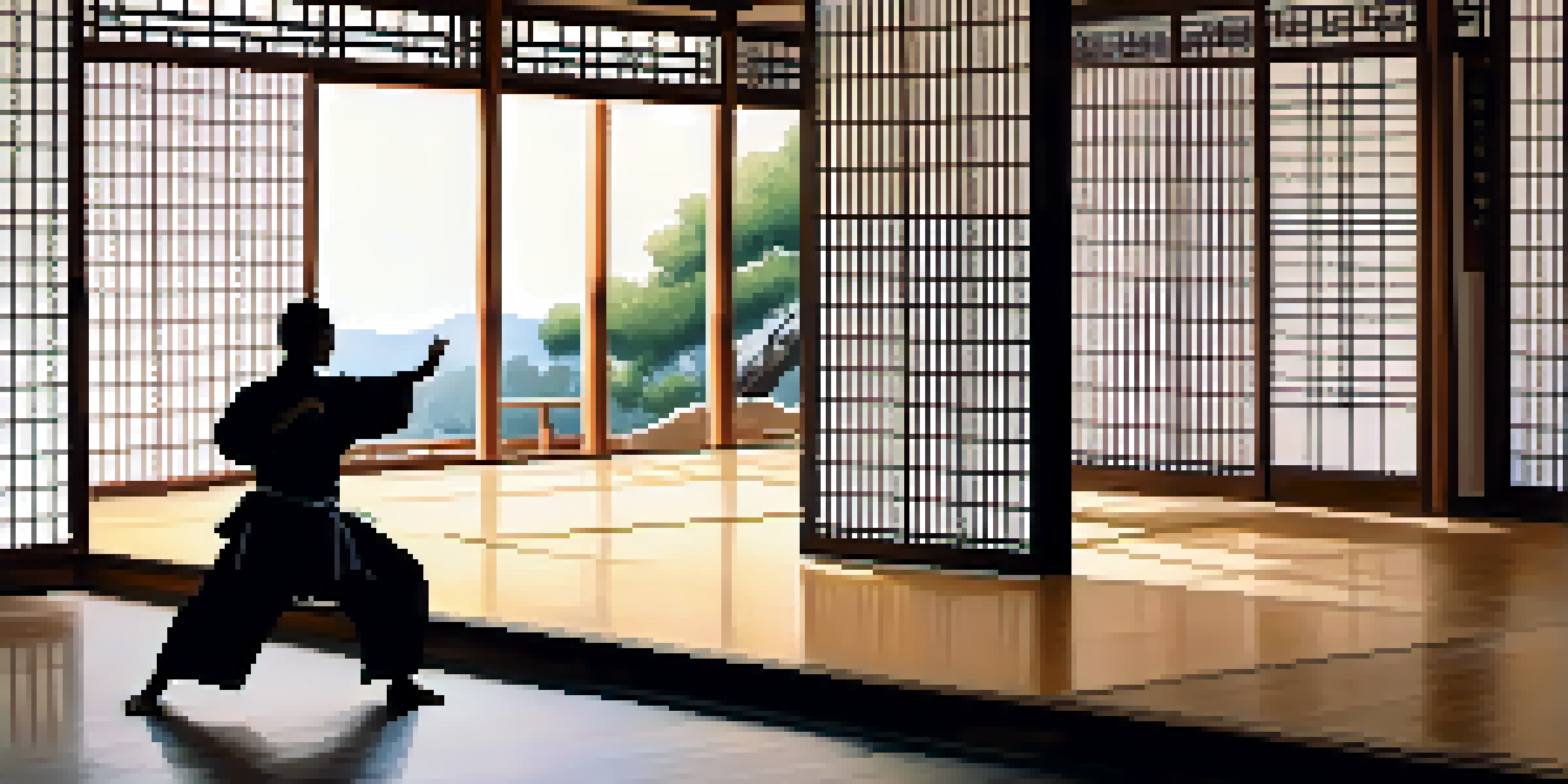 A martial artist dressed in traditional attire practicing Tai Chi in a serene dojo with wooden floors and sunlight filtering through shoji screens.