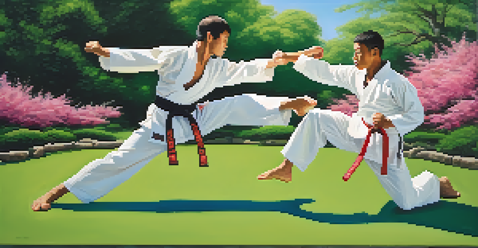 Two martial artists sparring lightly on an outdoor mat, one executing a kick while the other defends, set in a vibrant garden.