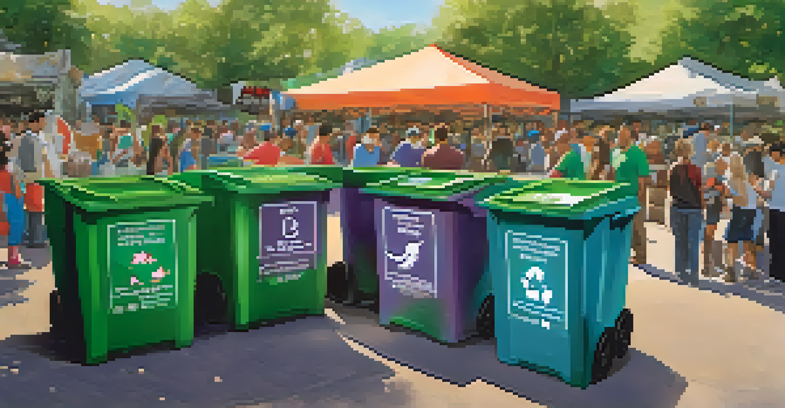 A waste management station at a martial arts event with people sorting waste into labeled bins, surrounded by greenery.