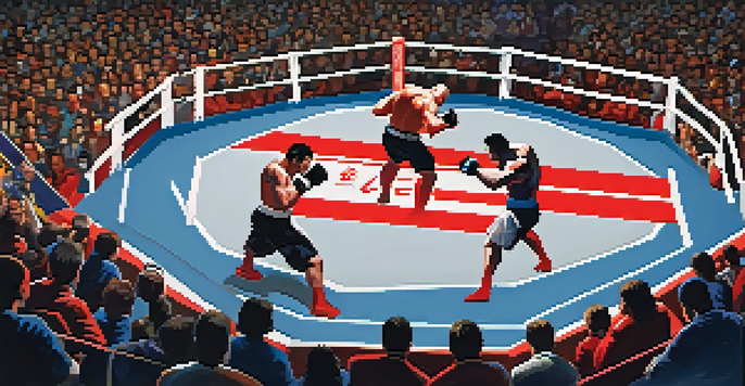 A mixed martial arts competition featuring two fighters in action within an octagonal ring, surrounded by a cheering crowd.