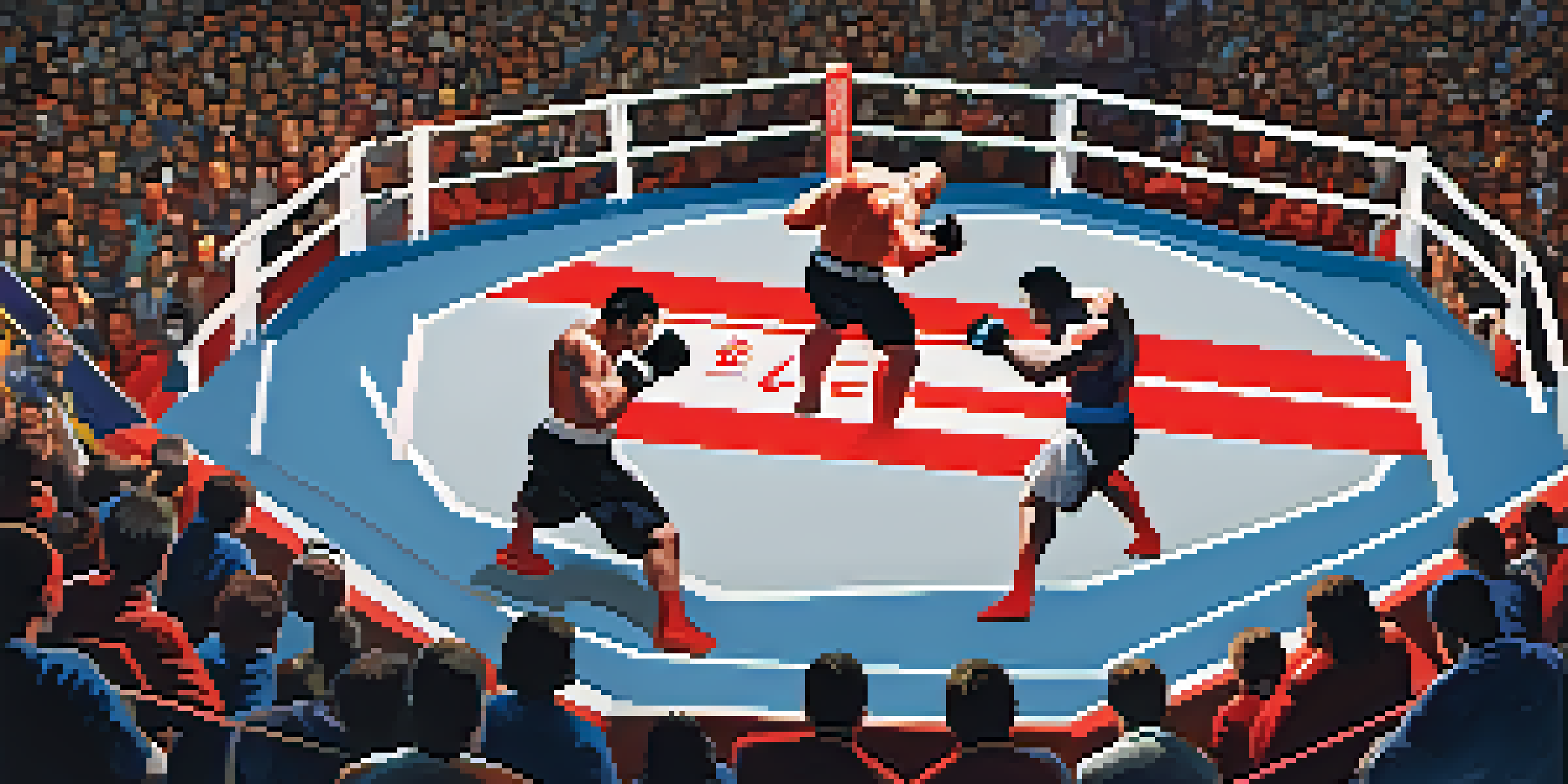 A mixed martial arts competition featuring two fighters in action within an octagonal ring, surrounded by a cheering crowd.