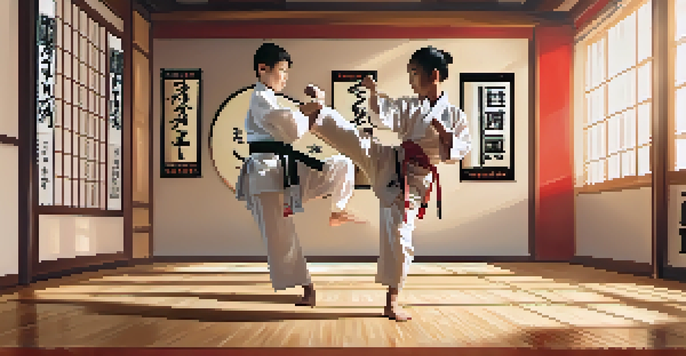 A young martial arts student executing a high kick in a bright dojo, with a determined look on their face and traditional martial arts equipment around.