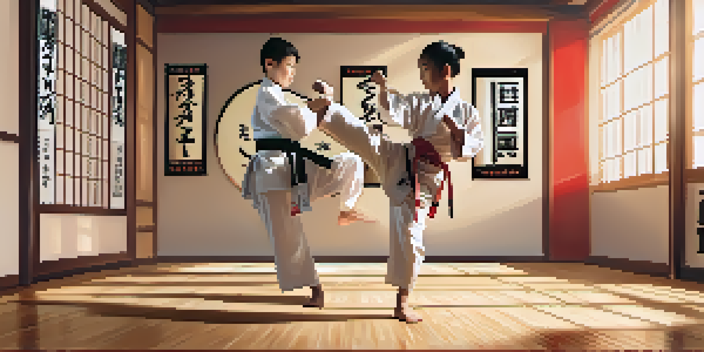 A young martial arts student executing a high kick in a bright dojo, with a determined look on their face and traditional martial arts equipment around.