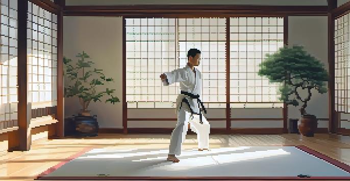 A martial arts practitioner in a white gi performing tai chi in a peaceful dojo filled with soft morning light and wooden floors.