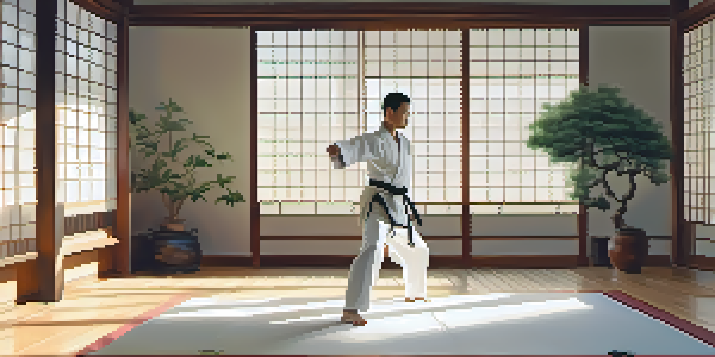 A martial arts practitioner in a white gi performing tai chi in a peaceful dojo filled with soft morning light and wooden floors.