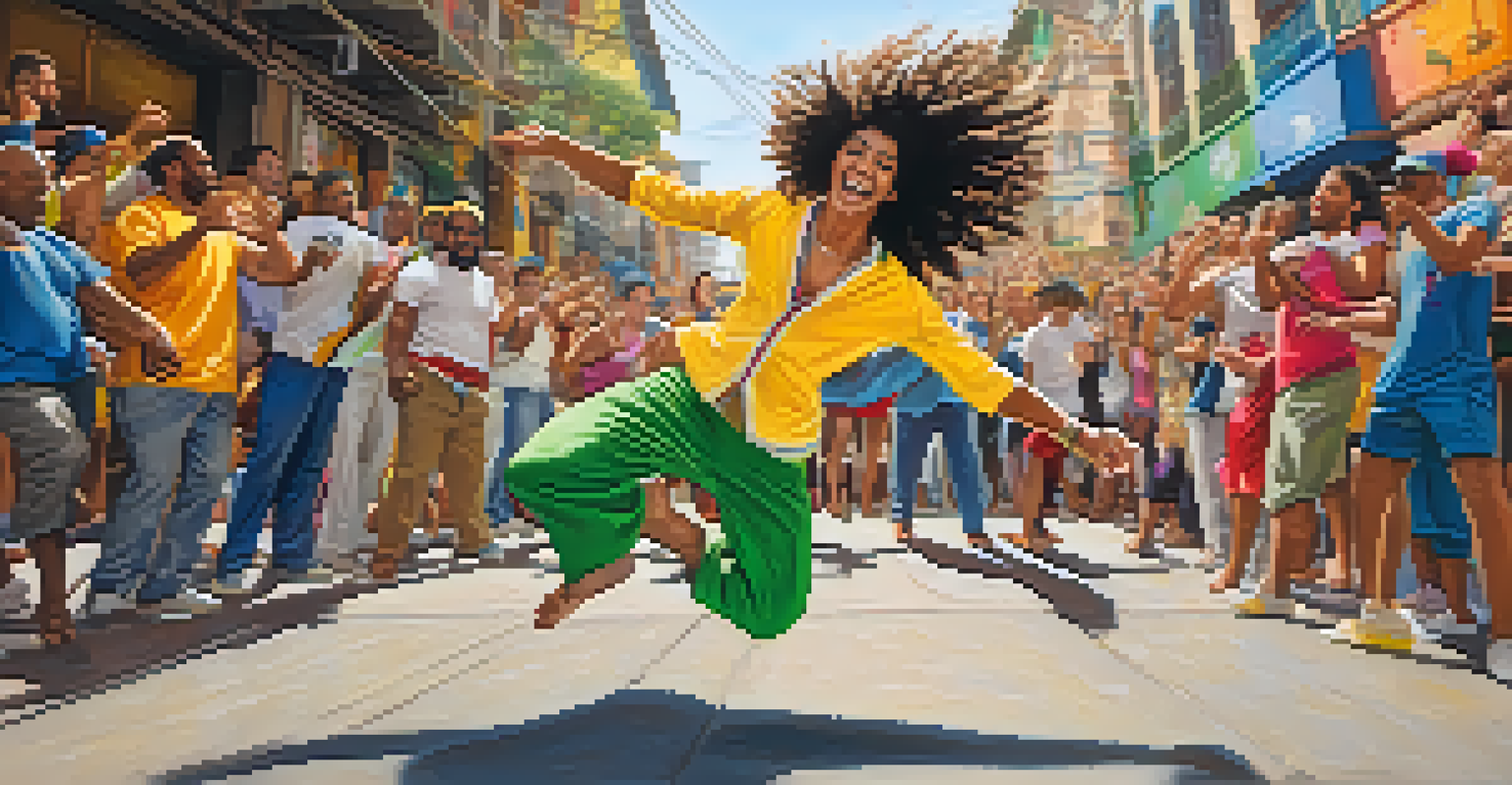 Capoeira dancers performing an aerial kick in a colorful urban setting with onlookers and vibrant street art.