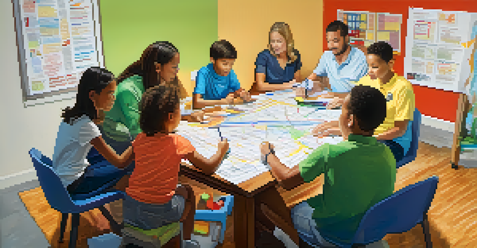 A family collaborating on their emergency action plan at a table, surrounded by maps and emergency supplies.