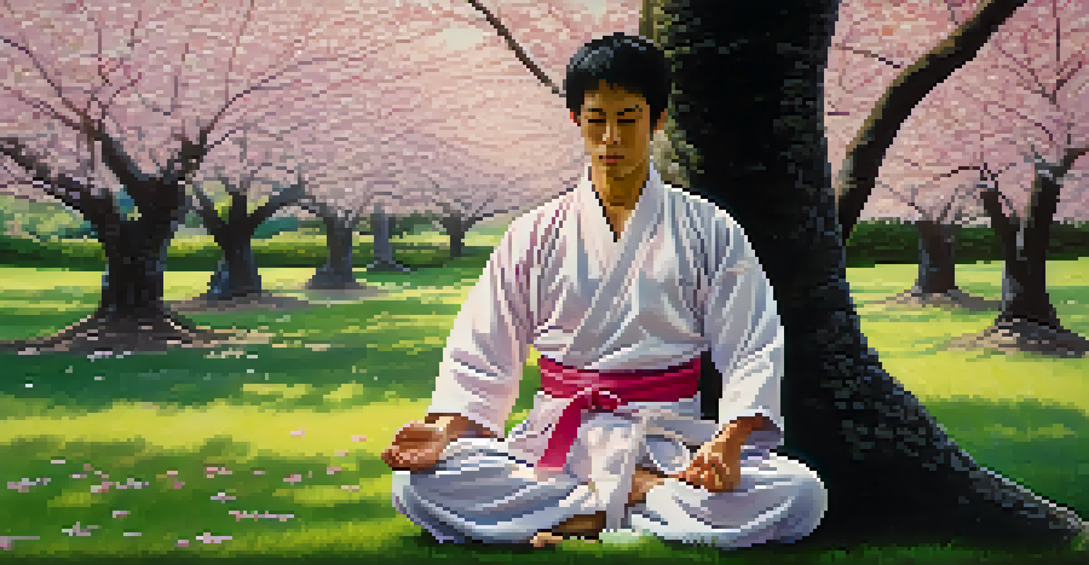 A martial artist meditating under a cherry blossom tree, surrounded by falling petals, symbolizing peace and balance.