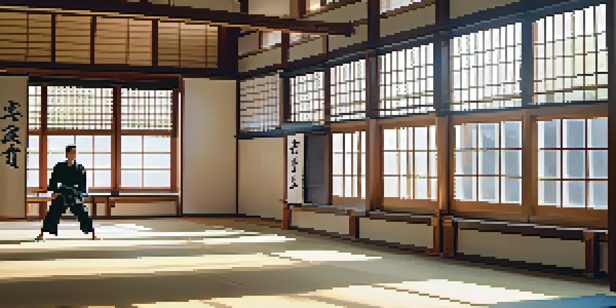 A bright and spacious martial arts dojo with practitioners training on wooden floors, surrounded by traditional decorations and large windows letting in natural light.