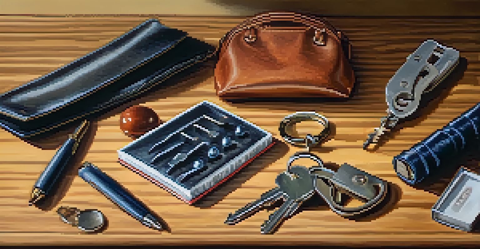 Everyday objects like keys, a pen, and a handbag arranged on a wooden table, illustrating potential self-defense tools.