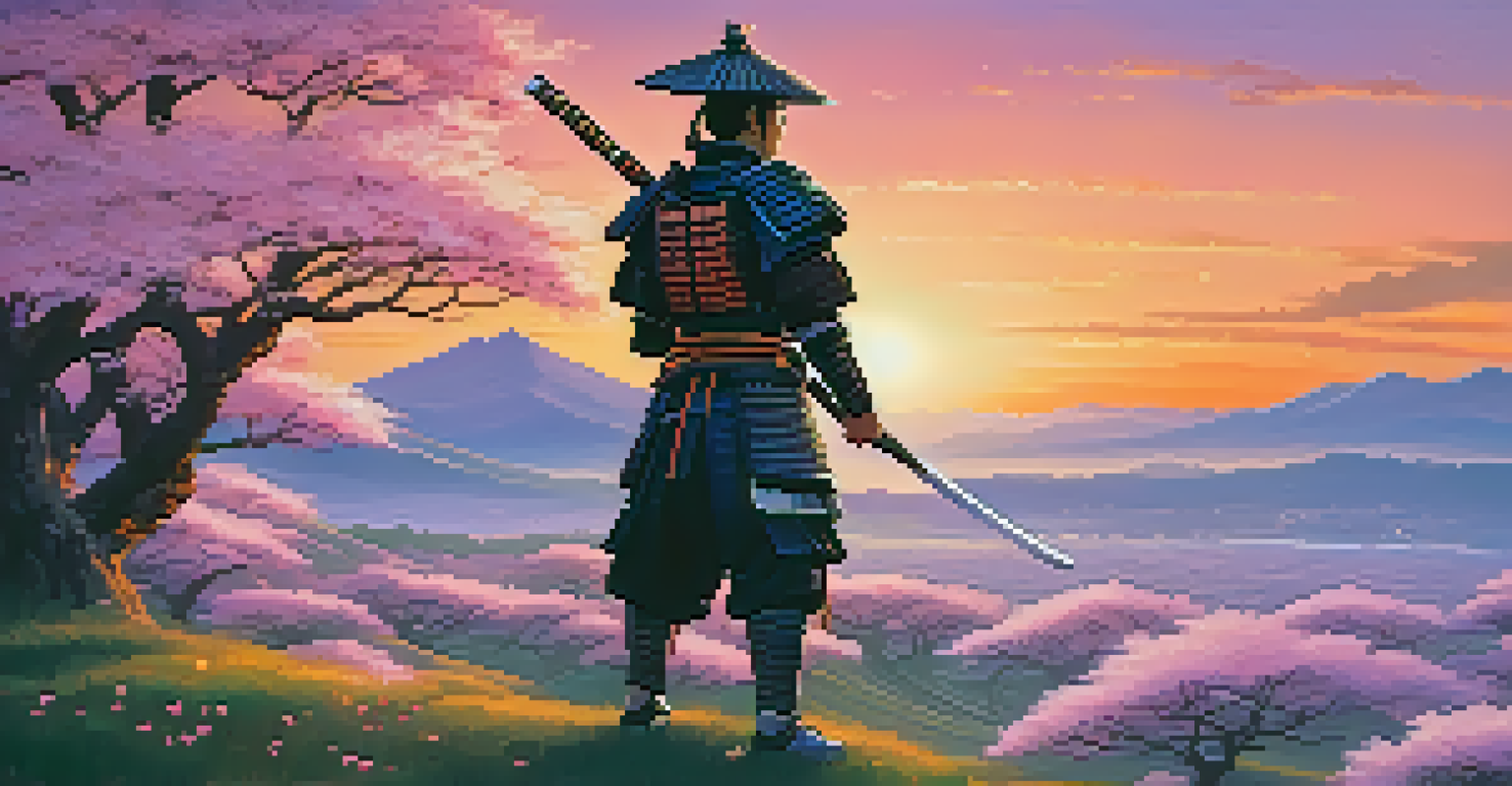 A samurai in armor standing on a hilltop at sunset, surrounded by cherry blossoms and a colorful sky.