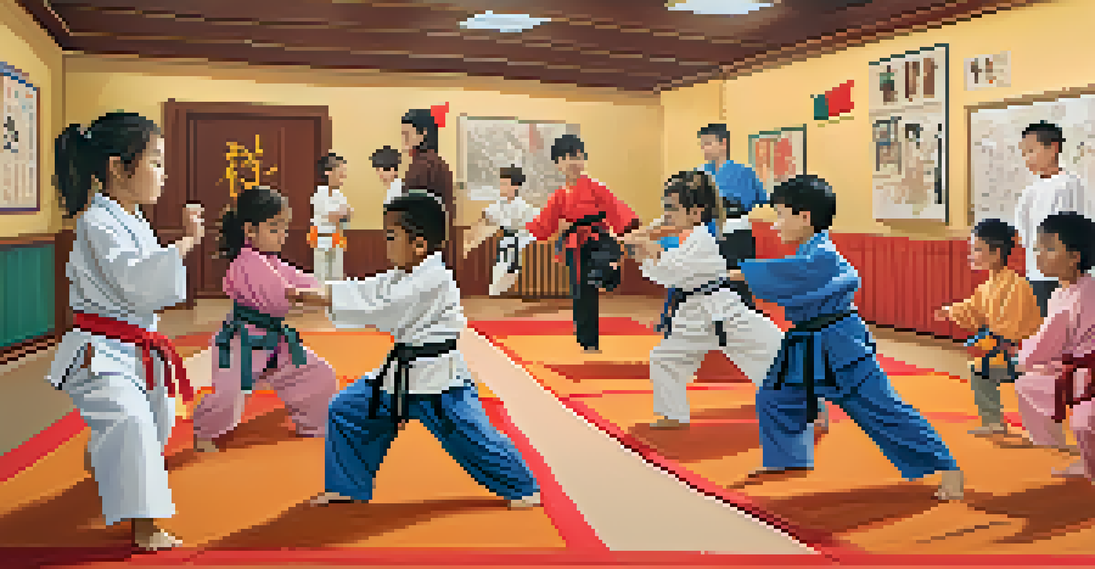 A diverse group of children training in a martial arts class, showcasing teamwork and enthusiasm.