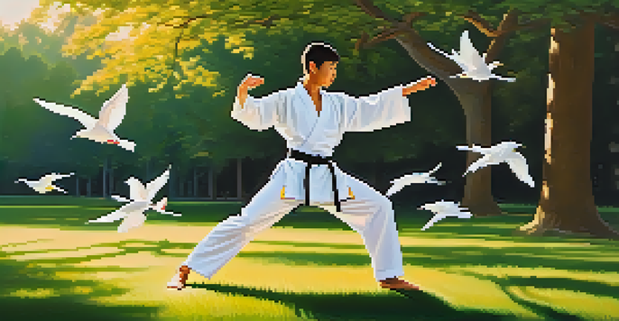 A martial artist practicing karate in a peaceful park at sunrise, surrounded by trees and flowers.