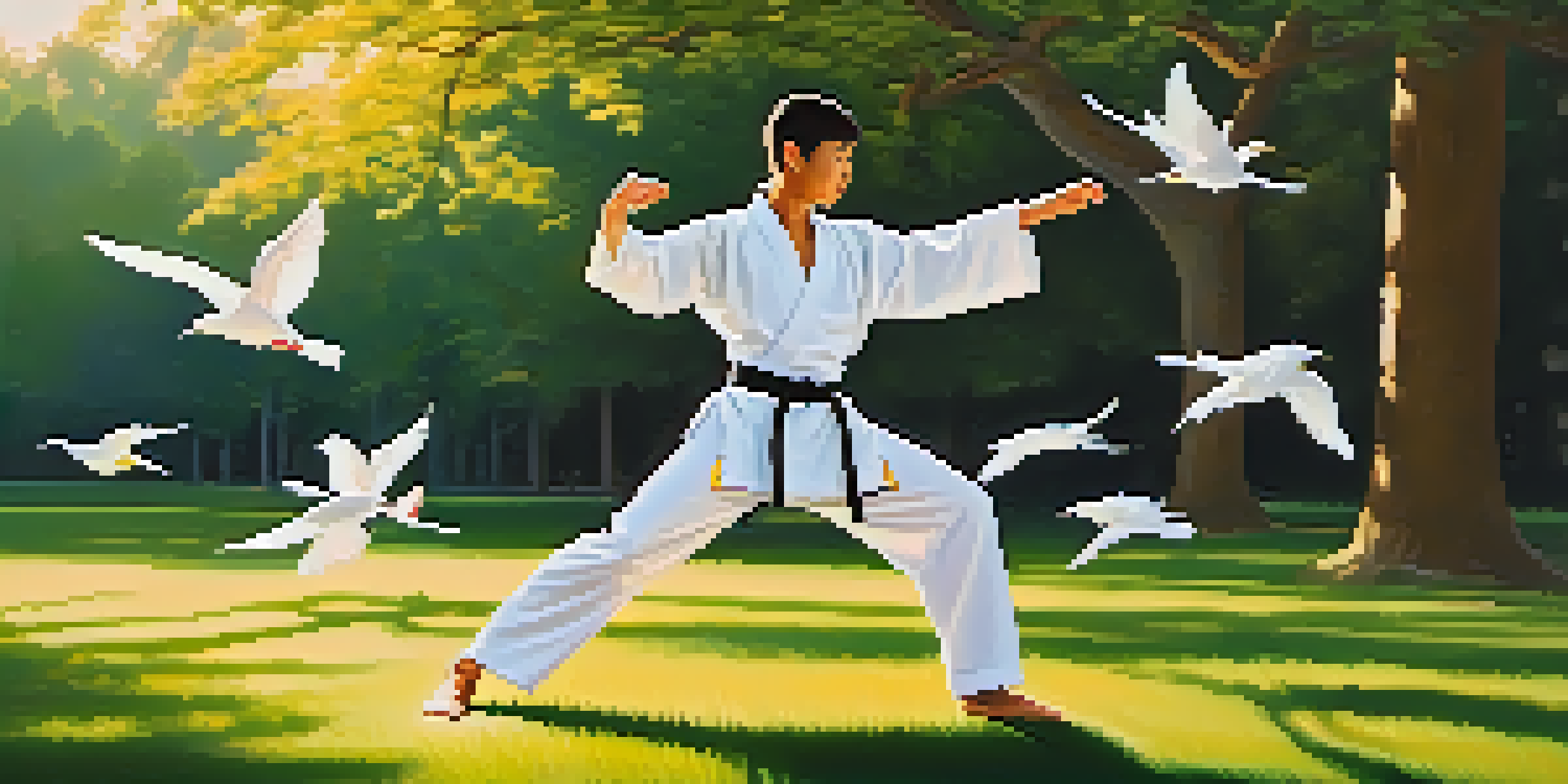 A martial artist practicing karate in a peaceful park at sunrise, surrounded by trees and flowers.