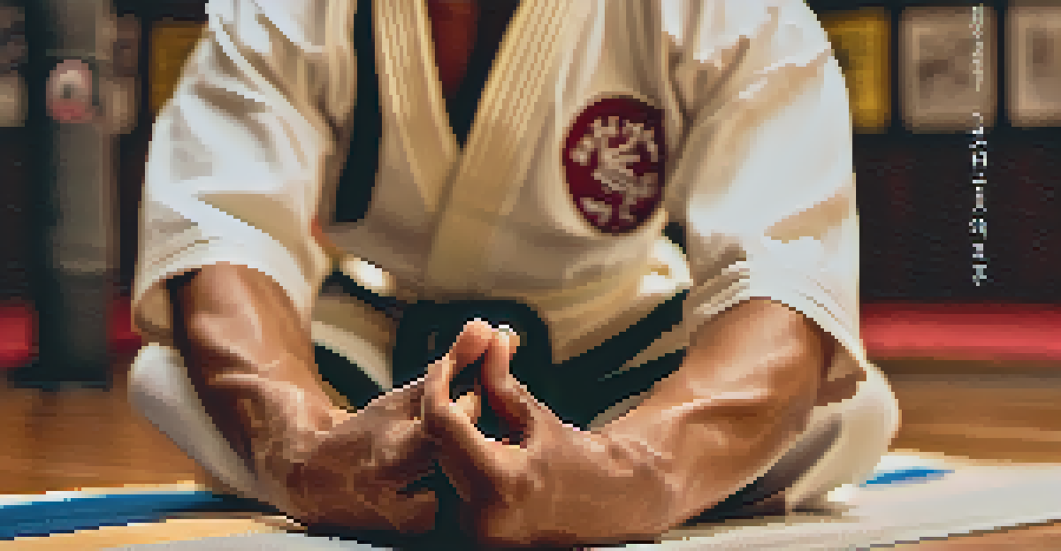 Close-up of a martial artist's hands in a meditation pose, emphasizing calmness.