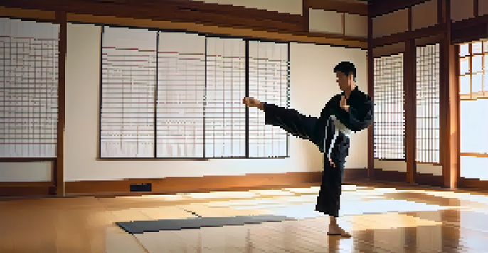 A martial artist performing a kick in a peaceful dojo with sunlight streaming through screens.