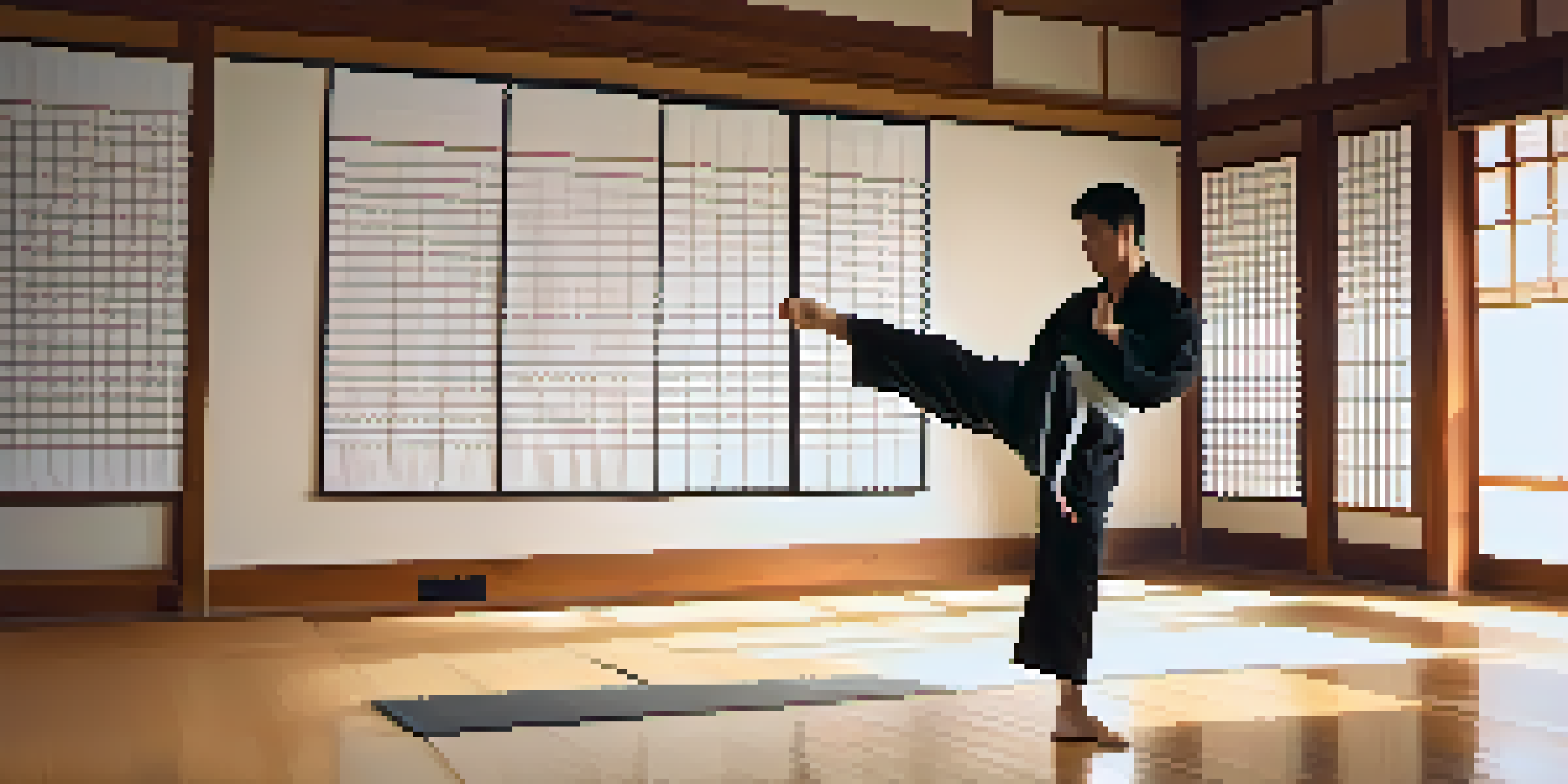 A martial artist performing a kick in a peaceful dojo with sunlight streaming through screens.