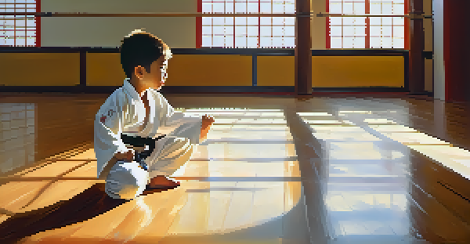A young child in a white martial arts uniform practicing a dynamic pose in a well-lit dojo, with sunlight streaming through windows.