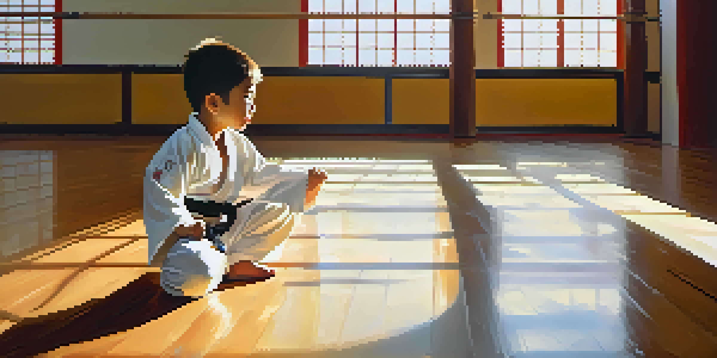A young child in a white martial arts uniform practicing a dynamic pose in a well-lit dojo, with sunlight streaming through windows.