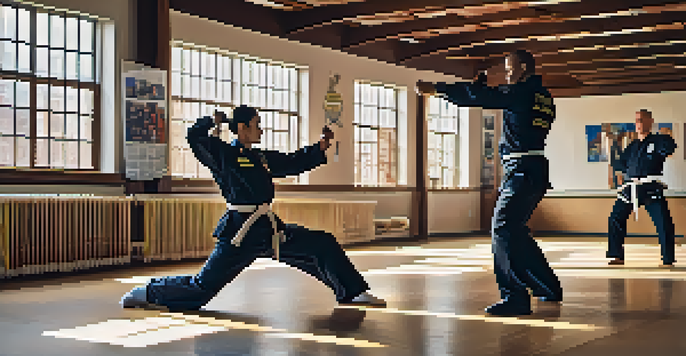 A police officer demonstrating martial arts techniques in a bright training facility, surrounded by training mats and motivational posters.