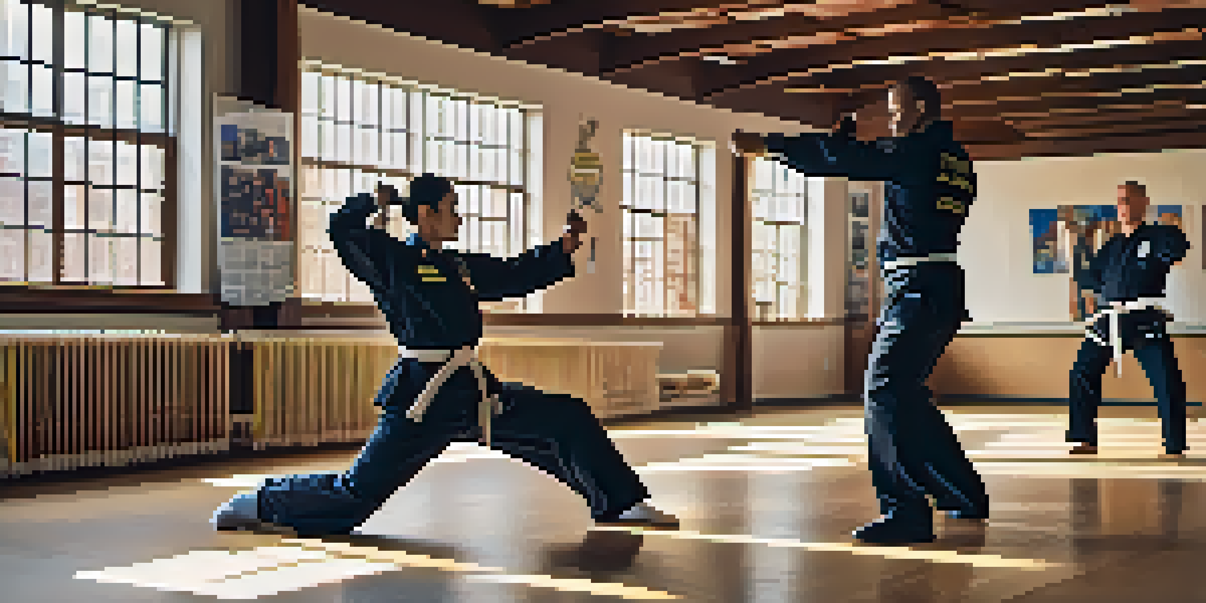 A police officer demonstrating martial arts techniques in a bright training facility, surrounded by training mats and motivational posters.