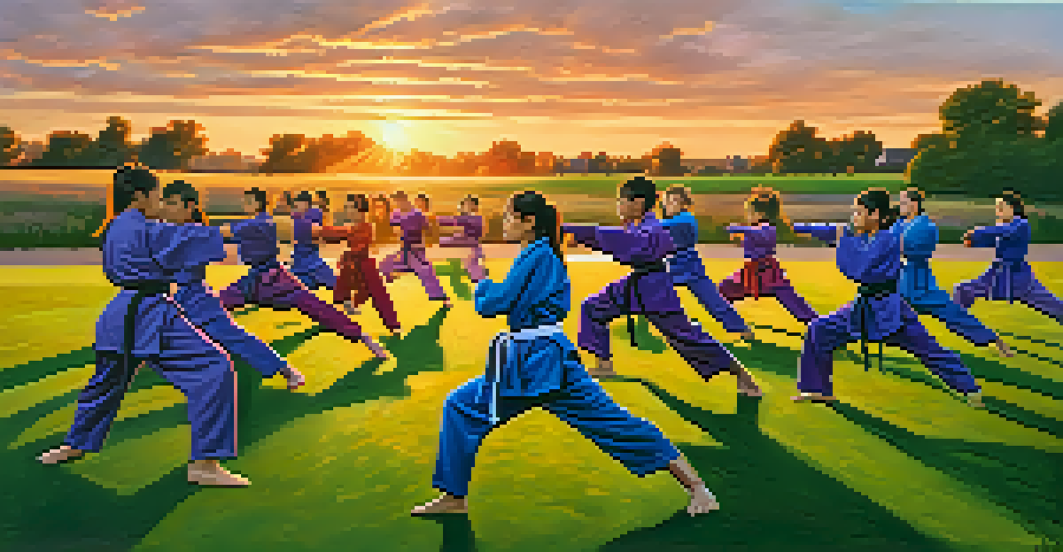 An outdoor martial arts class at sunset, with students practicing together against a colorful sky.