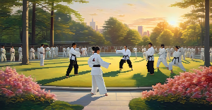 A diverse group of people practicing martial arts in an urban park at sunset, with a young woman performing a kick in the foreground and a man punching in the background, surrounded by greenery.