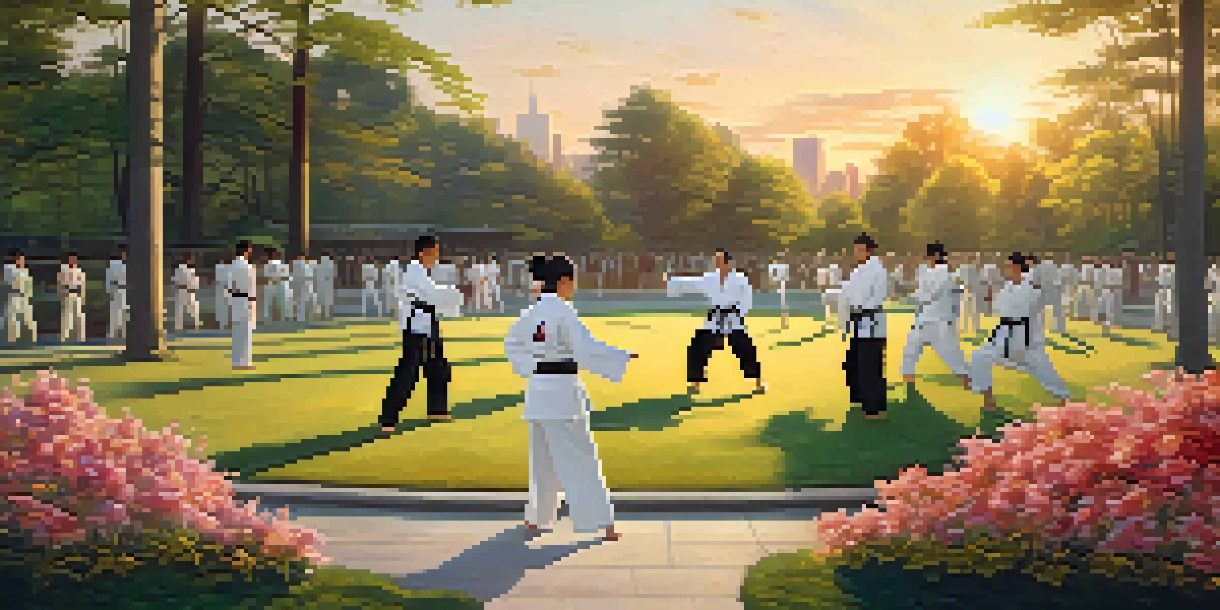 A diverse group of people practicing martial arts in an urban park at sunset, with a young woman performing a kick in the foreground and a man punching in the background, surrounded by greenery.