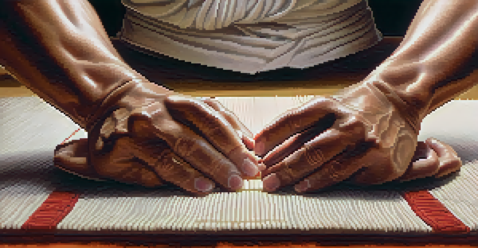 Close-up of a martial artist's hands in a breathing exercise, showcasing calmness and focus before training.