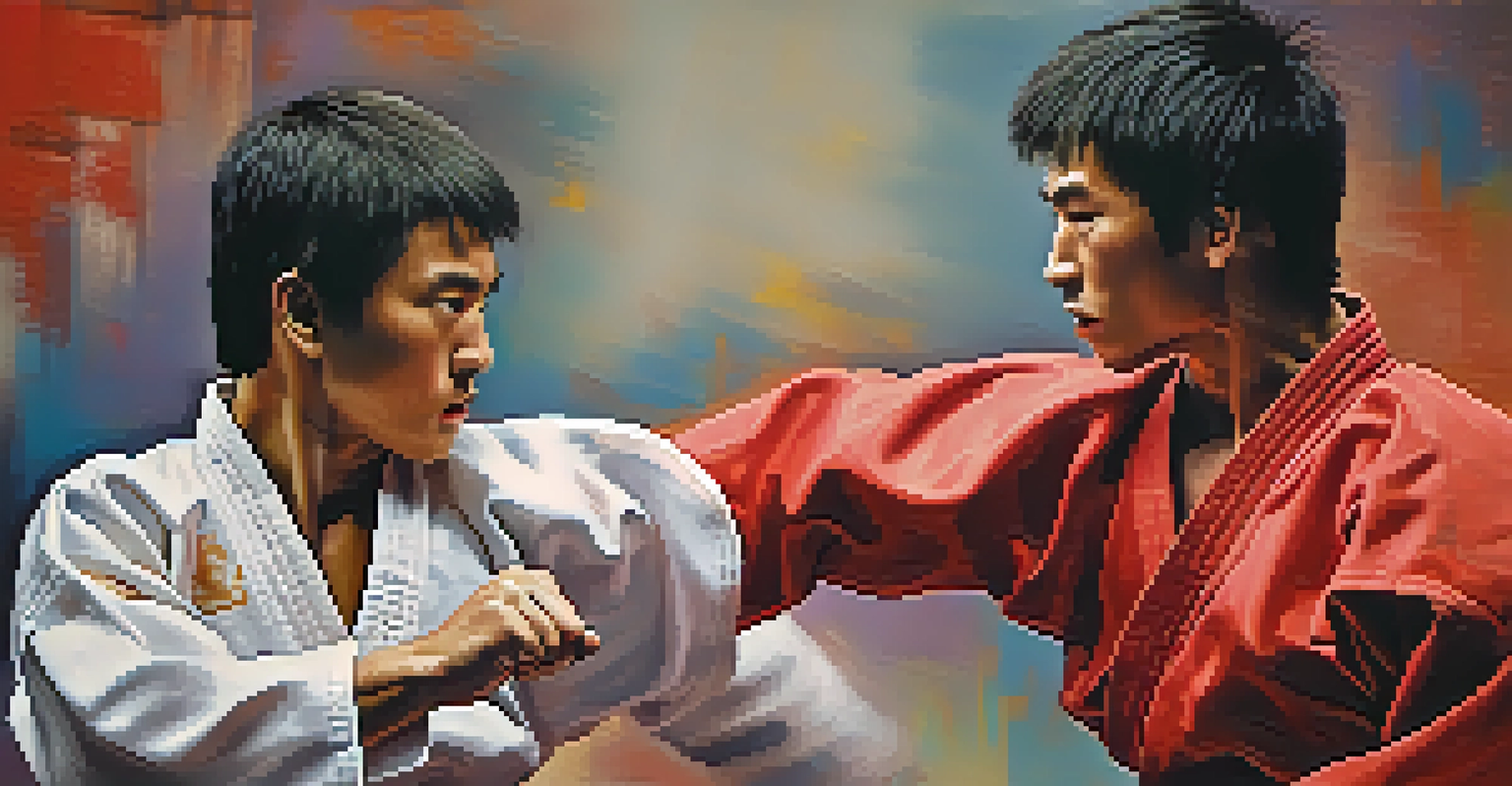 Two martial artists sparring respectfully, with focused expressions and colorful uniforms against a blurred dojo background.
