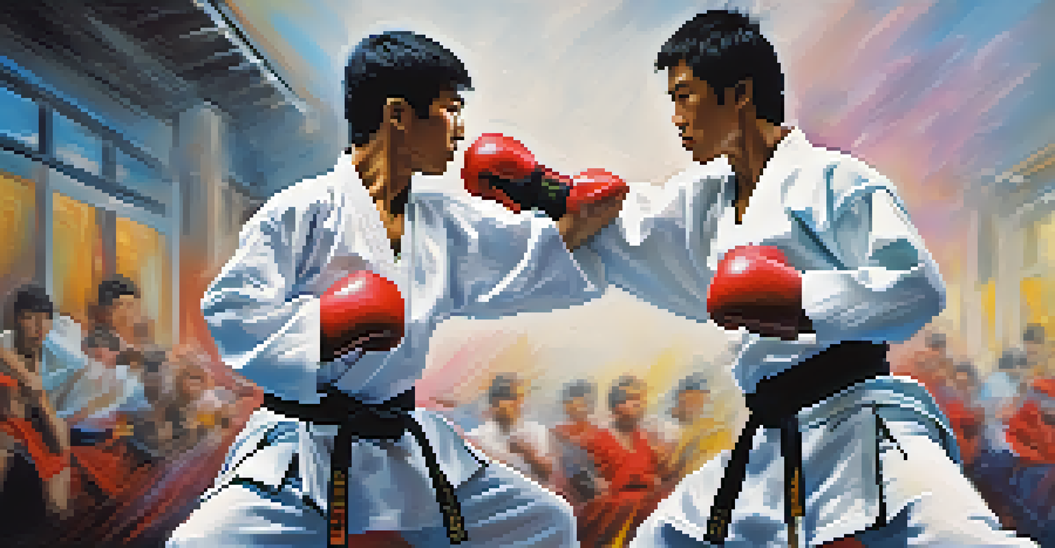 Two martial artists sparring with intense expressions, one delivering a kick and the other blocking.