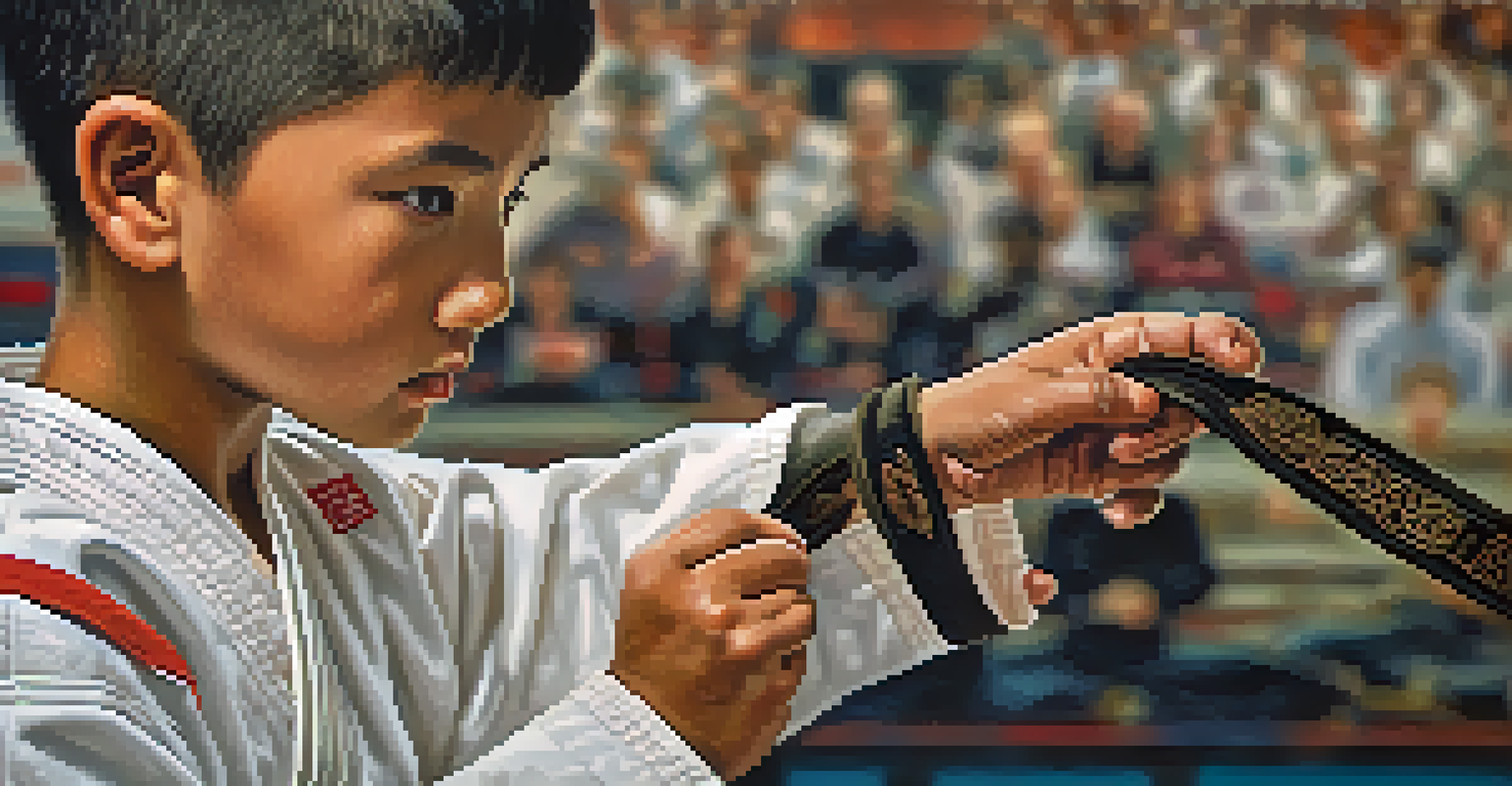 A young martial artist tying their belt, showcasing determination and the importance of discipline in martial arts training.