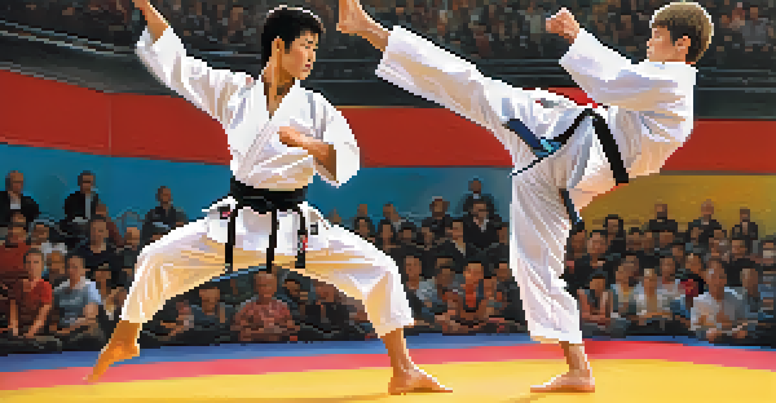 A karate athlete performing a high kick in a competition, with a blurred background of spectators and colorful banners.