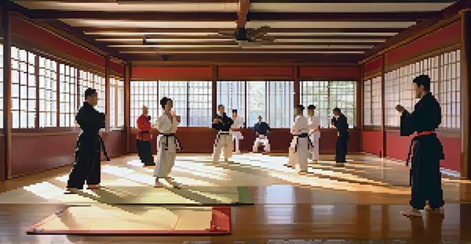 A peaceful martial arts training session in a dojo with diverse practitioners practicing their techniques.
