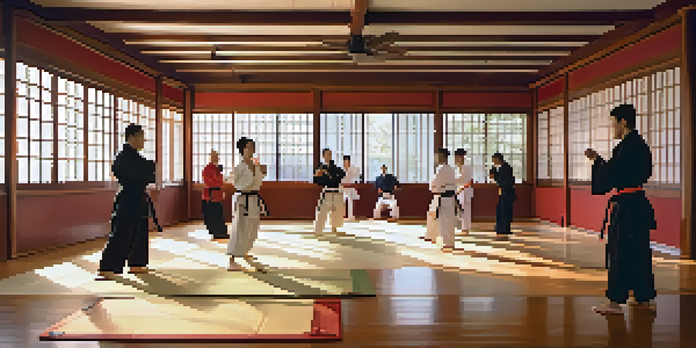 A peaceful martial arts training session in a dojo with diverse practitioners practicing their techniques.