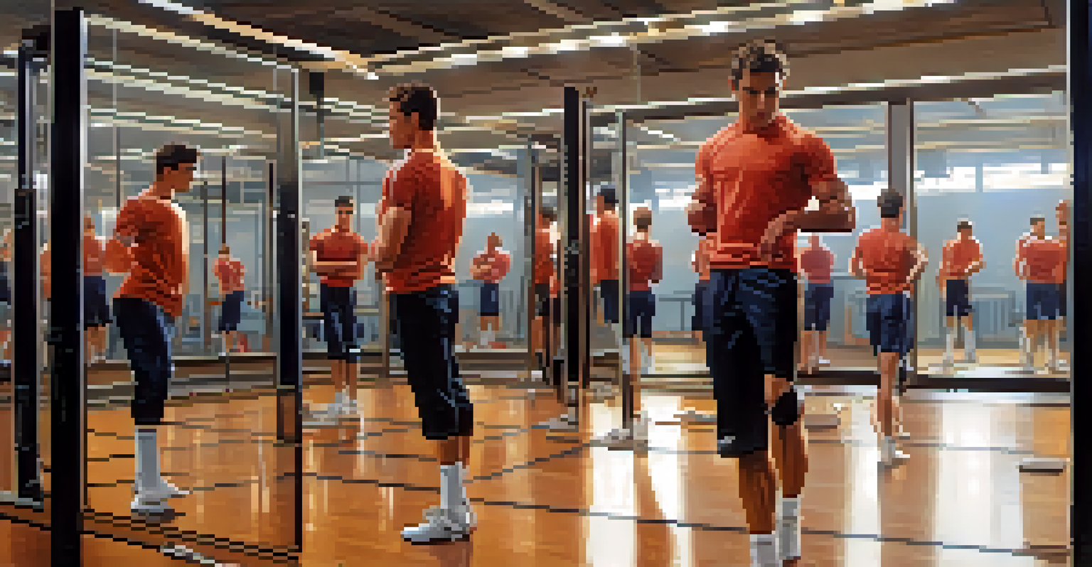An athlete training in a gym, practicing kicking techniques in front of mirrors, showcasing concentration and form.