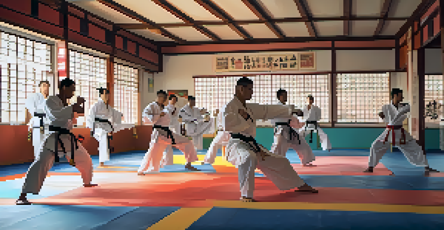 A lively dojo filled with martial artists of different backgrounds training together, demonstrating techniques and focused expressions.