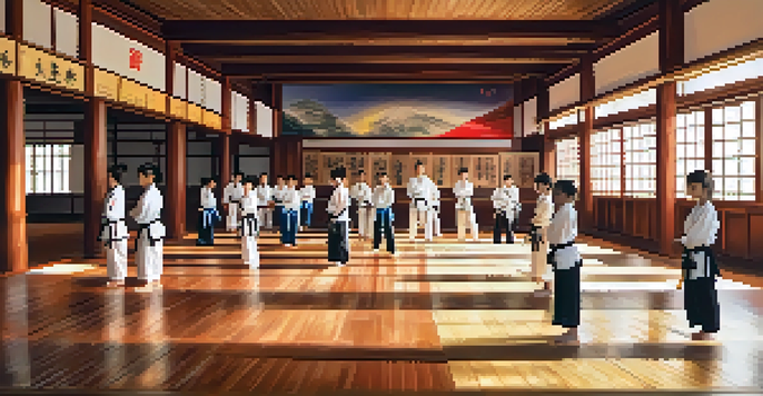 A diverse group of martial arts students practicing in a well-lit dojo, showcasing focus and discipline.